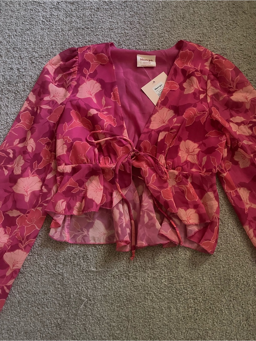 Showpo. Fuchsia Pink Floral Sheer Tie-Front Blouse